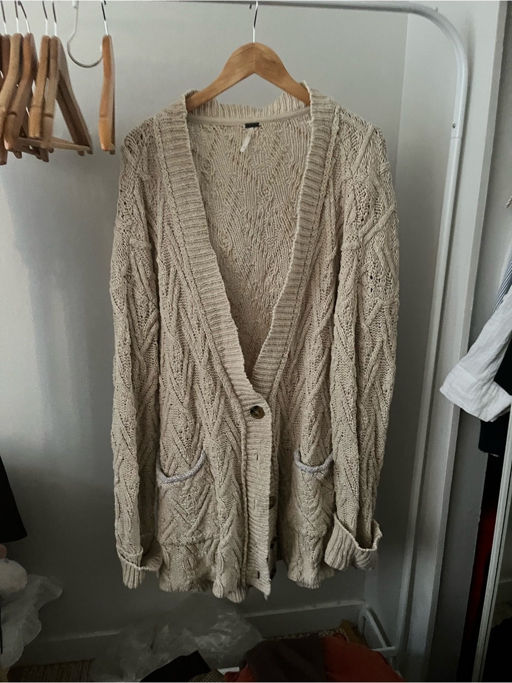Free People Beige Cable-Knit Button Cardigan Sweater